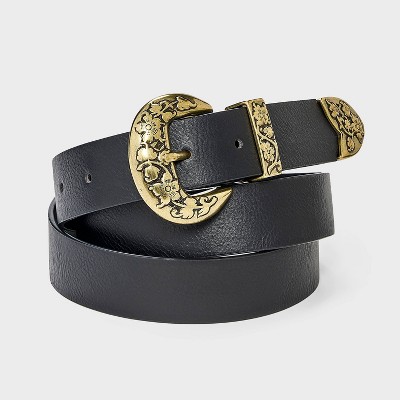 Western Rounded Floral Engraved Western Buckle Belt - Universal Thread™ Black/Gold M