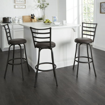 Mainstays 3 Pack Indoor Adjustable 24" or 29" Bronze Ladder Back Swivel Barstool, Espresso Vegan Leather Seat