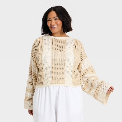 Women's Open Work Oversized Pullover Sweater - A New Day™ Cream Striped 2X