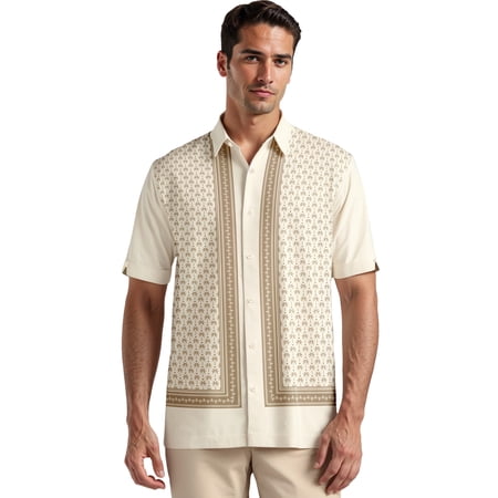 Havanera Men's and Big Men's L-Shape Palm Print Short Sleeve Woven Shirt, Sizes S-3X