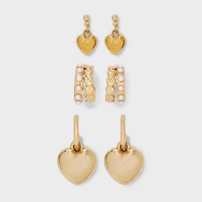 Pearl and Heart Hoop Trio Earring Set - Wild Fable™ Gold