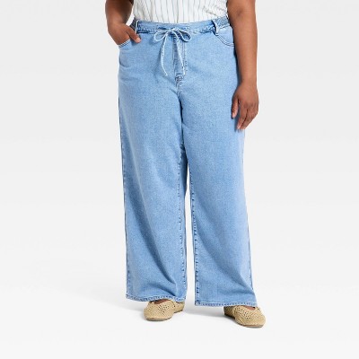 Women's High-Rise Tie-Front Straight Leg Beach Jeans - Ava & Viv™ Light Wash 28