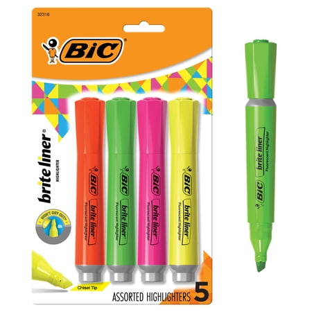 BIC Brite Liner XL Highlighter, Chisel Point, Back to School, Assorted Colors, 4-Count