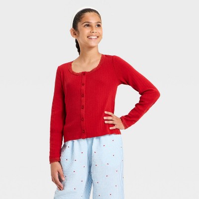 Girls' Cozy Pointelle Cardigan - art class™ Red XXL