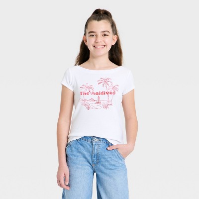Girls' Boat Neck Short Sleeve “The Maldives” Graphic Baby T-Shirt - art class™ White L