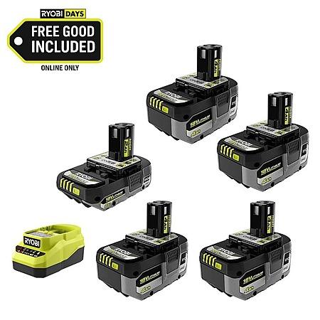 5-Pack RYOBI ONE+ 18V HP Batteries (4x 4.0Ah + 1x 2.0Ah + Charger) Home Depot