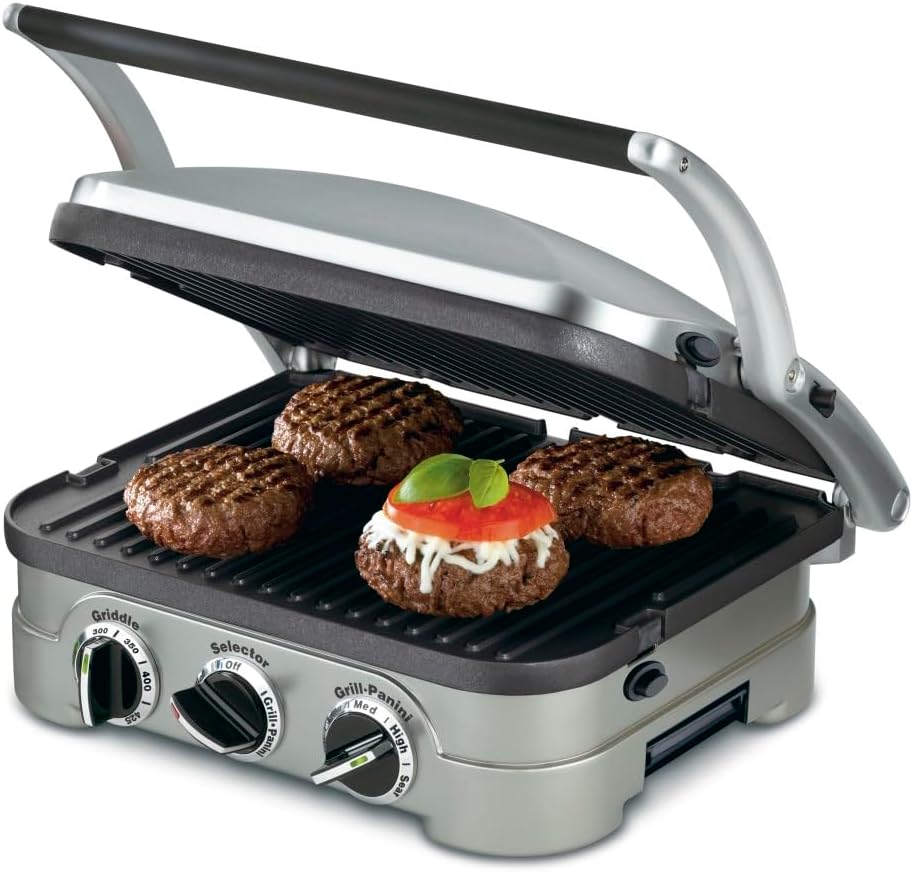 Cuisinart Griddler Indoor Grill, Panini Press, Sandwich Maker & More, 5-in-1 Grilling, Dishwasher-Safe Nonstick Cooking Plates, GR-4NP1, Stainless Steel
