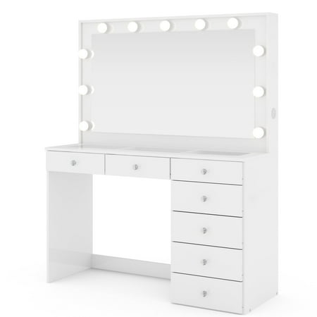 Ember Interiors Ghada White Lighted Makeup Vanity Desk with Charging Station for Bedroom