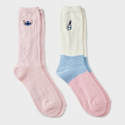 Women's Lilo & Stitch Super Soft Embroidered 2pk Crew Socks - Pink/Ivory/Blue 4-10