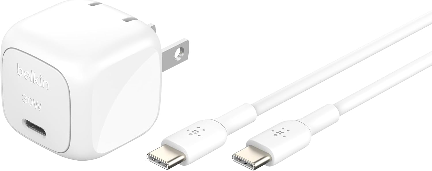 Belkin Compact Charger Block 30W - 1M USB-C to C Cable Included, USB-C PD Super Fast Charging - Samsung Galaxy S25, Apple iPhone 17, Air, Pro, iPad, Nintendo Switch 2, Google Pixel 10, etc. - White