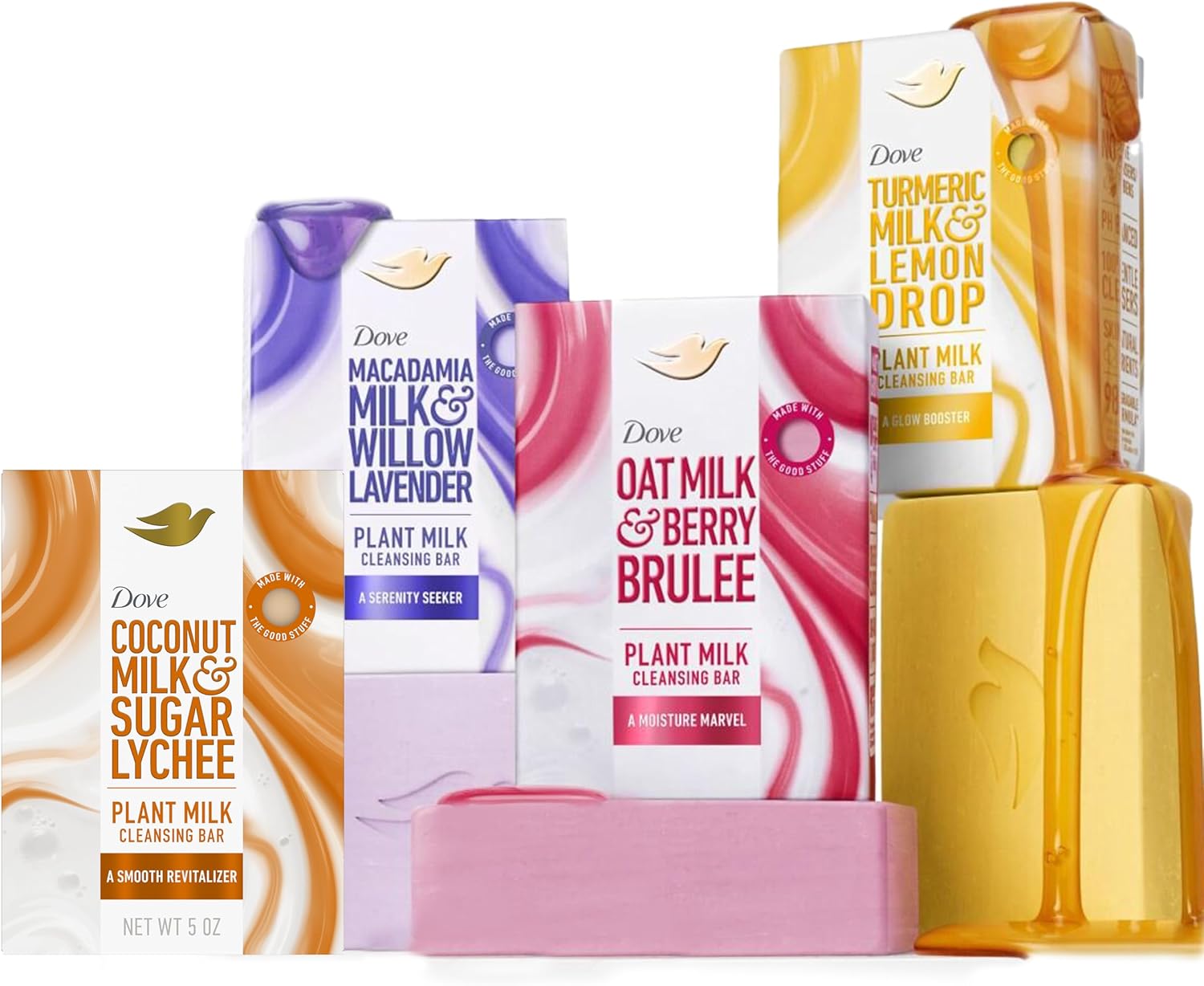Dove Plant Milk Cleansing Bar Soap Variety Pack 4 for Moisturized Skin, with Gentle Cleansers, No Sulfate Cleansers or Parabens, 98% Biodegradable Formula, 5 oz