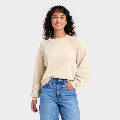 Women's Crochet Trim Sweatshirt - Universal Thread™ Tan XL