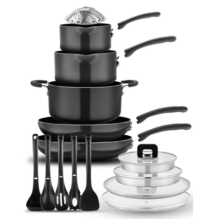 NutriChef Kitchenware 17 Piece Non-Stick Cookware Set, Non-Stick Pans and Pots with foldable Knob, Space Saving, Stackable, Nylon Tools Set, Induction Base, Black