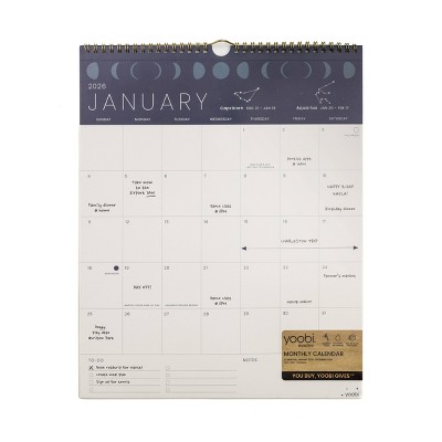 Yoobi Evolve 2026 12 Months Wall Calendar 12"x15" Monthly Navy Moon Phases