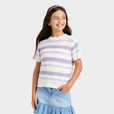 Girls' Short Sleeve Striped Openwork Pullover Sweater - Cat & Jack™ Lavender/White M