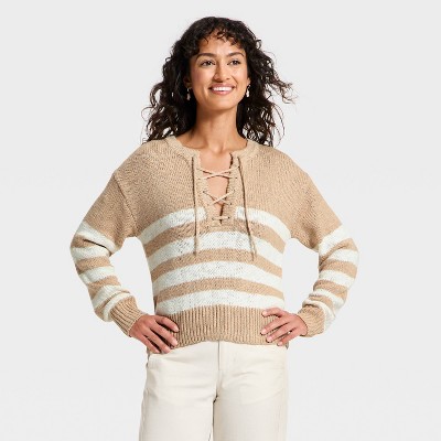 Women's Lace Up Crewneck Pullover Sweater - Universal Thread™ Oatmeal Striped M