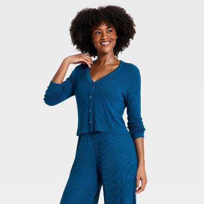 Women's Cozy Ribbed Long Sleeve Button Front Cardi - Auden™ Dark Blue XS
