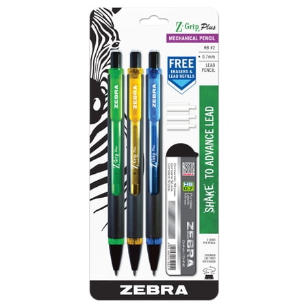 Zebra Pen Z-Grip Plus Mechanical Pencil, 0.7mm, Green/Yellow/Blue, 1 Count (Pack of 3)