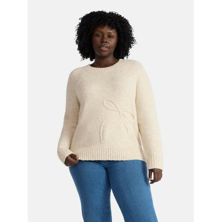Terra & Sky Women’s Plus Bow Stitch Crewneck Sweater, Lightweight, Sizes 0X-5X