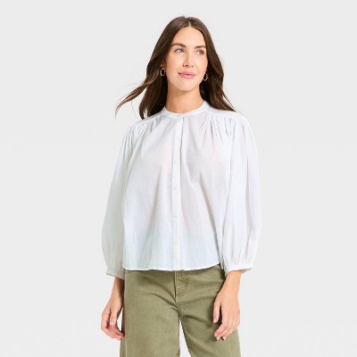 Women's Puff Long Sleeve Banded Collar Neck Blouse - Universal Thread™ White M