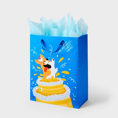 Large Birthday Cake Puppy Birthday Gift Bag with Tag and Tissue Paper Blue - Spritz™