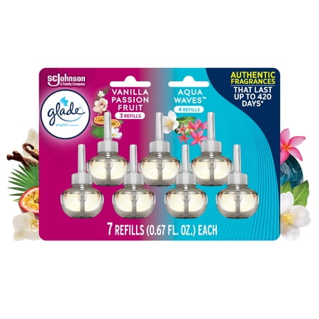 Glade PlugIns Air Freshener Refills, Vanilla Passion Fruit & Aqua Waves, Infused with Essential Oils, 0.67 oz, 7 Count