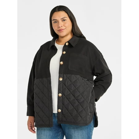Terra & Sky Women's Plus Size Quilt Mix Button Front Shacket with Long Sleeves, Sizes 1X-5X