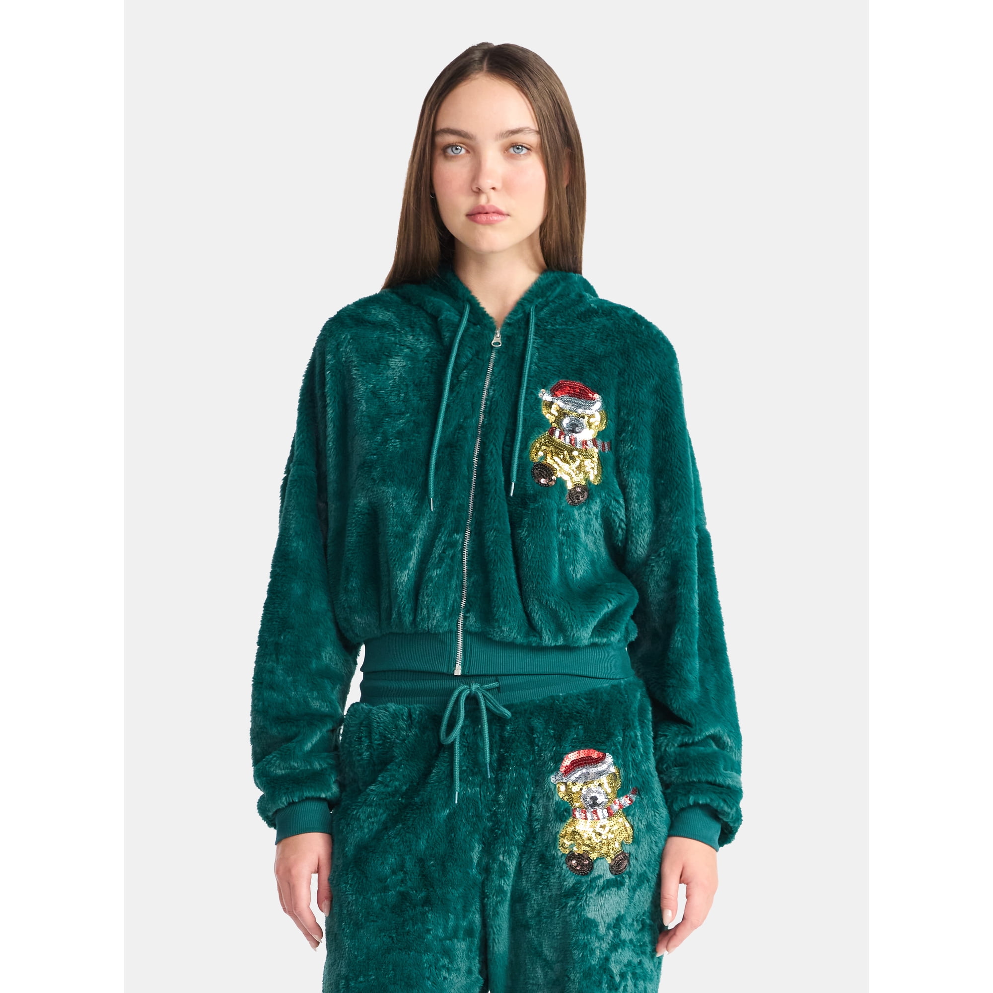 No Boundaries Christmas Plush Jacket, Women's & Women's Plus