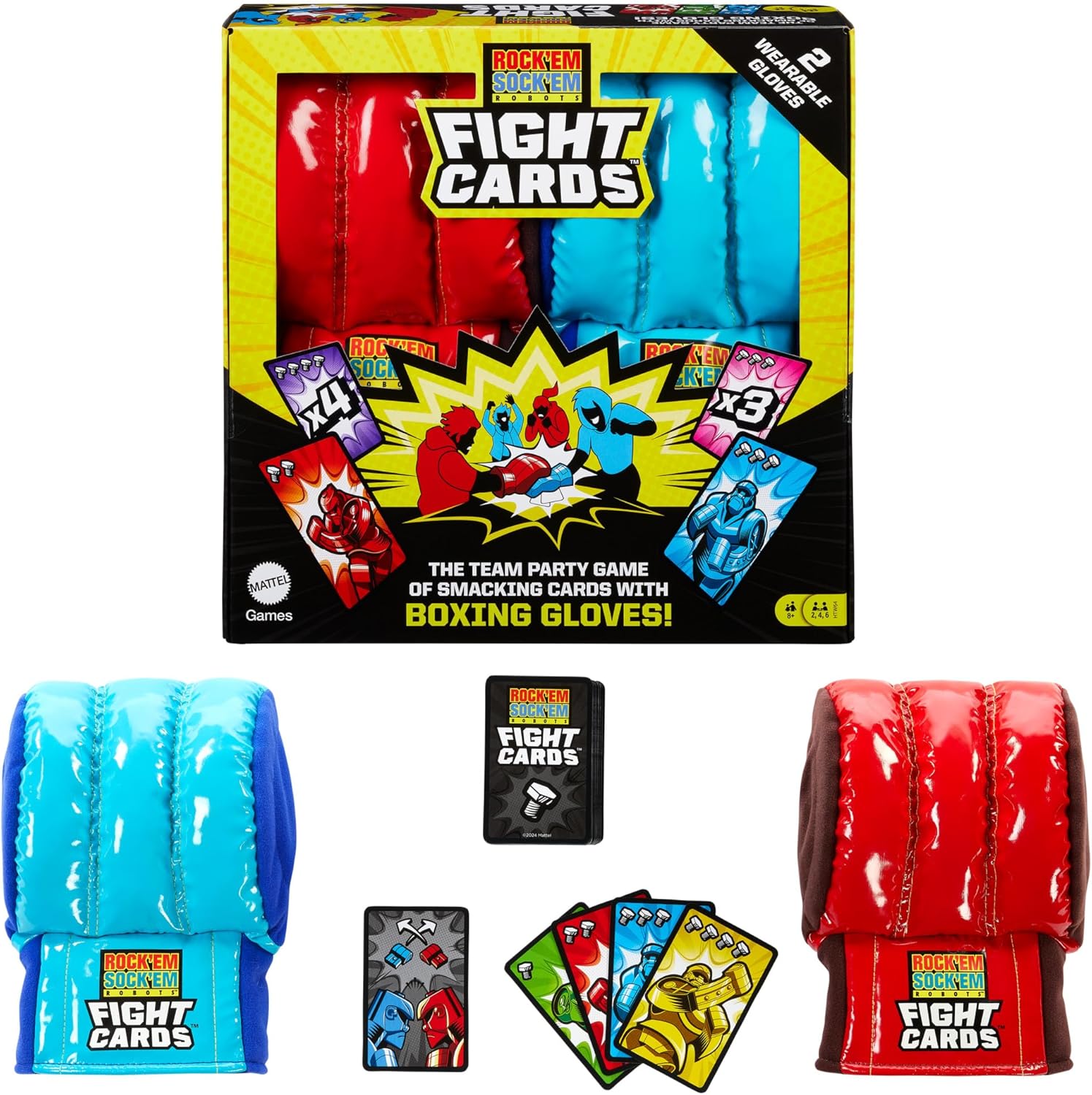 Mattel Games Rock ‘Em Sock ‘Em Robots Fight Cards Card Game, Team Party Game for Kids & Adults with 2 Boxing Gloves