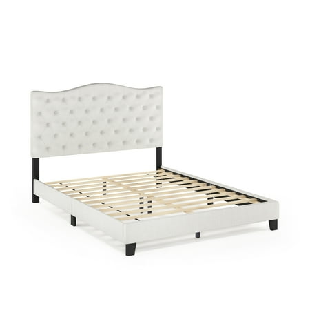 Furinno Lille Button Tufted Bed Frame, Linen, Queen