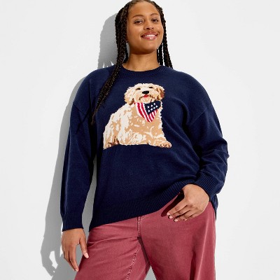 Women's Americana Dog Long Sleeve Graphic Pullover Sweater- Blue 3X
