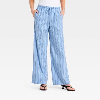 Women's Mid-Rise Poplin Straight Leg Pull-On Pants - A New Day™ Blue Striped S