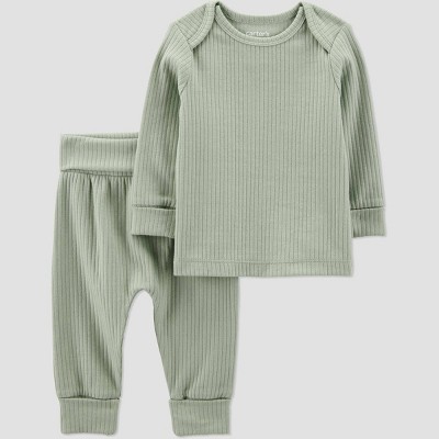 Carter's Just One You® Baby 2pc Textured Knit Top and Pants Set - Green 24M: Solid Pattern, Cotton Elastane Blend, Machine Washable