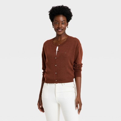 Women's Button-Up Pointelle Cardigan - A New Day™ Brown S
