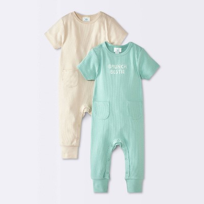 Baby 2pk Brunch Jacquard Short Sleeve Romper - Cloud Island™ Green/Tan Newborn