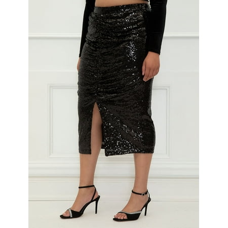 ELOQUII Elements Women's Plus Size Sequin Midi Skirt with Slit