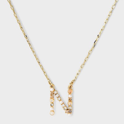 14k Gold Dipped Opal Pearl & Cubic Zirconia Letter "N" Initial Necklace - A New Day™ Gold