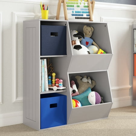 RiverRidge Kids Playroom Toy Organizer Bookcase with 3 Cubbies and 2 Storage Bins - Gray