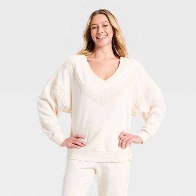 Women's Crochet Trim V-Neck Sweatshirt -JoyLab™ Cream XXS