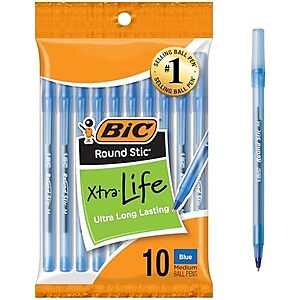 10-Ct BIC Round Stic Xtra Life Blue Ballpoint Pens (1.0mm / Medium Point) $0.95 w/ S&S