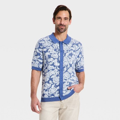 Men's Floral Print Short Sleeve Full-Button Polo Sweater - Goodfellow & Co™ Blue XL