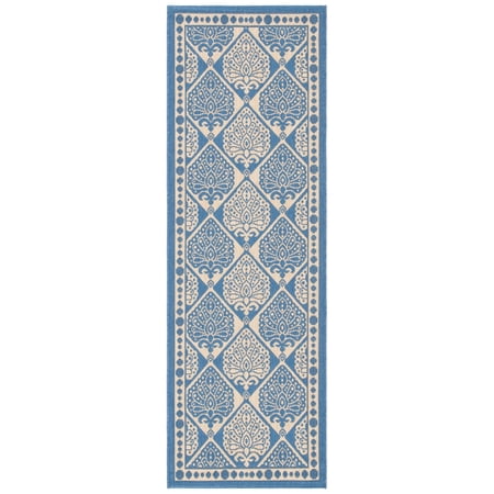 SAFAVIEH Courtyard Barrett Geometric Indoor/Outdoor Runner Rug, Blue/Ivory, 2'3" x 6'7"