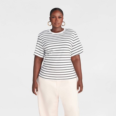 KBB by KAHLANA Women's Short Sleeve 'The Nipped Waist T-Shirt' - Black Striped 2X