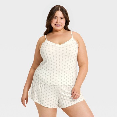 Women's Lace Trim Cloud Knit Tank Top and Shorts Pajama Set - Auden™ Cream Block Printed 2X