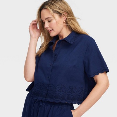 Women's Short Sleeve Scalloped Hem Shirt Navy Blue - Roller Rabbit x Target S