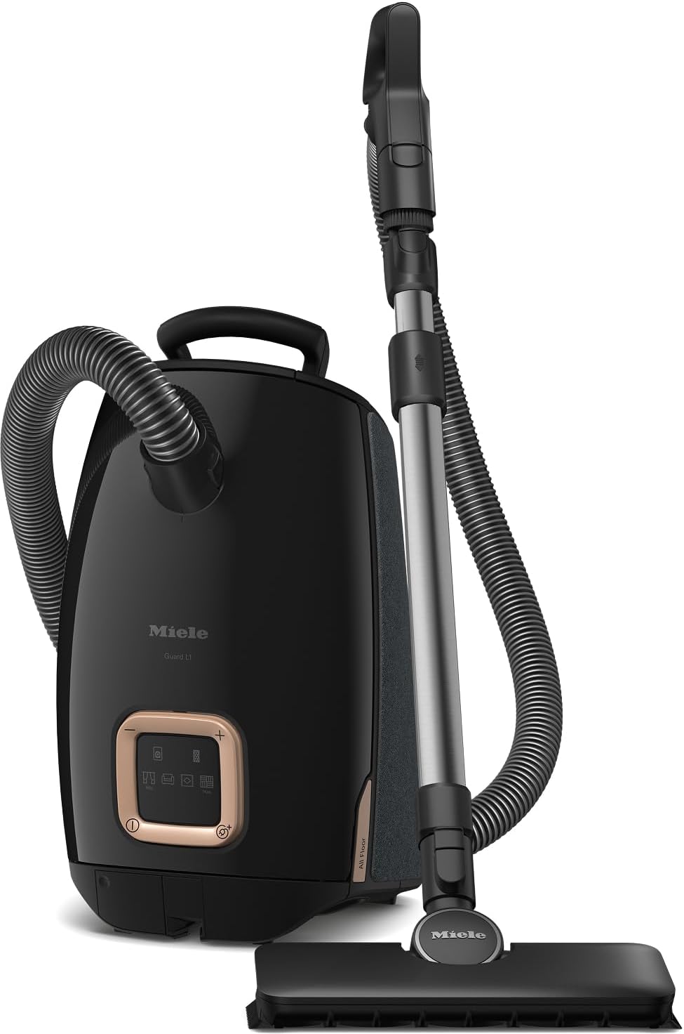 NEW Miele Guard L1 AllFloor Bagged Canister Vacuum Cleaner with AirClean Plus Filter, AllTeQ Universal Floorhead, and AllFloor Floorbrush, LED Display Panel, in Obsidian Black/Rose Gold