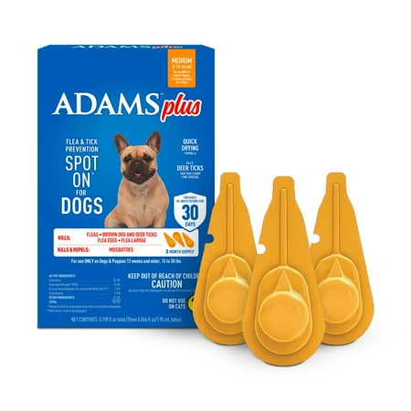 ADAMS Plus Flea & Tick Prevention Spot On for Dogs, Medium Dogs, Kills Fleas & Ticks (Brown Dog/Deer Ticks), Kills and Repels Mosquitoes, Prevents Flea Infestations, 3-Month Supply, 3 pack