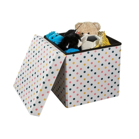 Kvell Kids 15 Inch Collapsible Toy Storage Bin with Polka Dot Design and Removable Lid