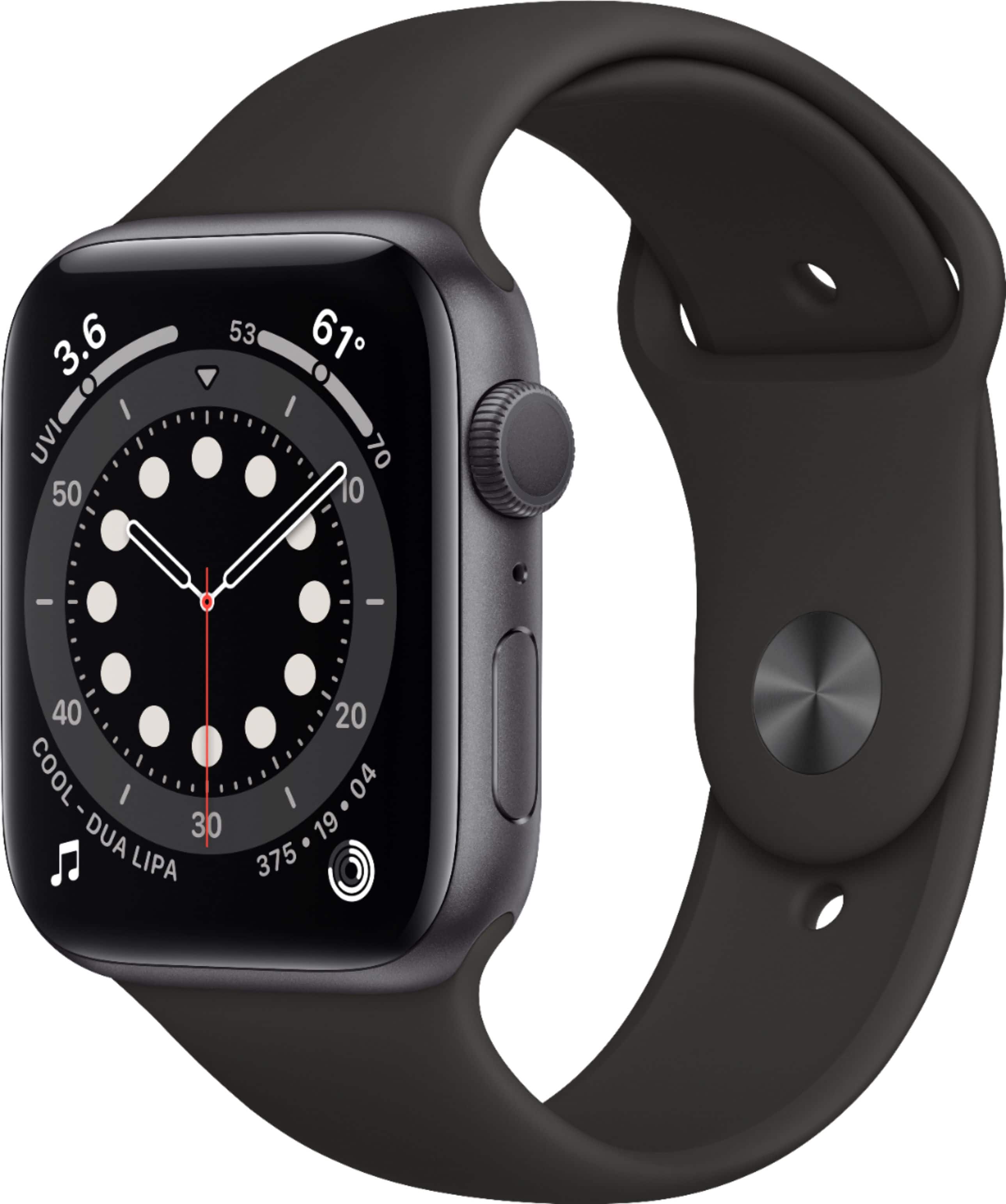 Apple Geek Squad Certified Refurbished Watch Series 6 (GPS) 44mm Aluminum Case with Black Sport Band - Space Gray - (2020)