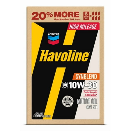 Chevron Havoline High Mileage Synthetic Technology Motor Oil 10W-30, 6 Quart Smart Change Box